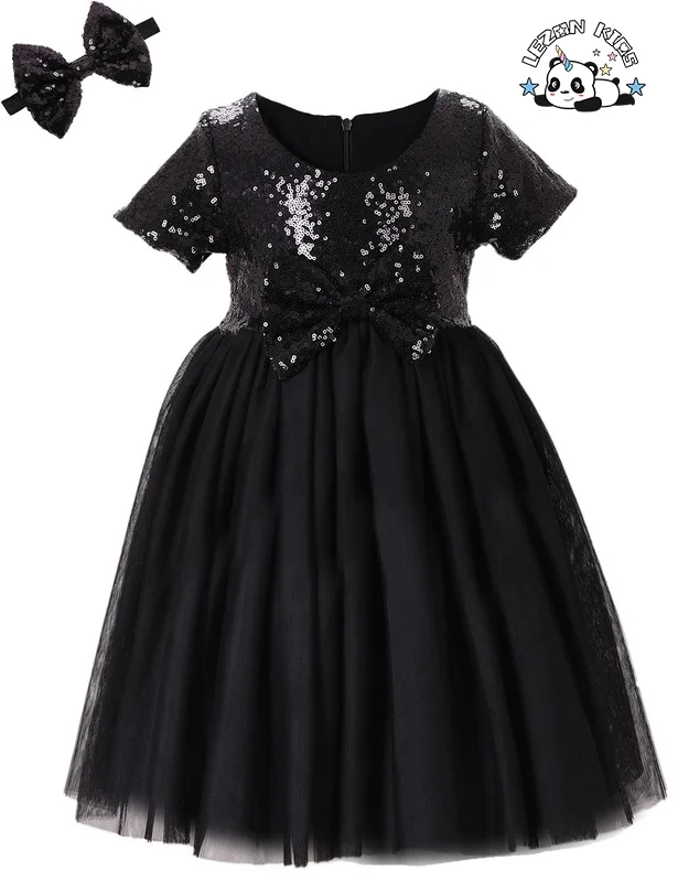 LEZONKIDS - Girls' Sequins Gauze Dress New Style Children's Short Sleeved Flower Children's Dress Princess Bowknot Peng Peng Dress